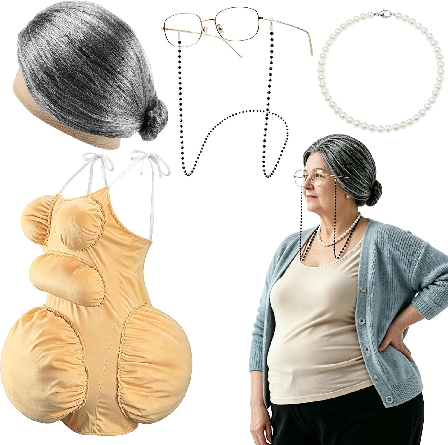 Fat Old Lady Costume Set Fake  - Pearl Necklace review and price